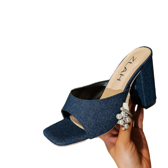 Damen Hochhackige Pantoletten mit komfortabler Denim-Oberfläche EB