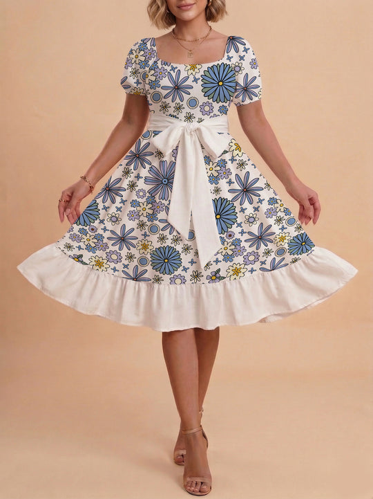Damen Blumenkleid mit taillierbarem Gürtel und voluminösen Ärmeln EB