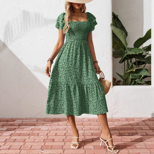 Damen Off-Shoulder Maxikleid mit floralen Mustern und elastischem Oberteil EB