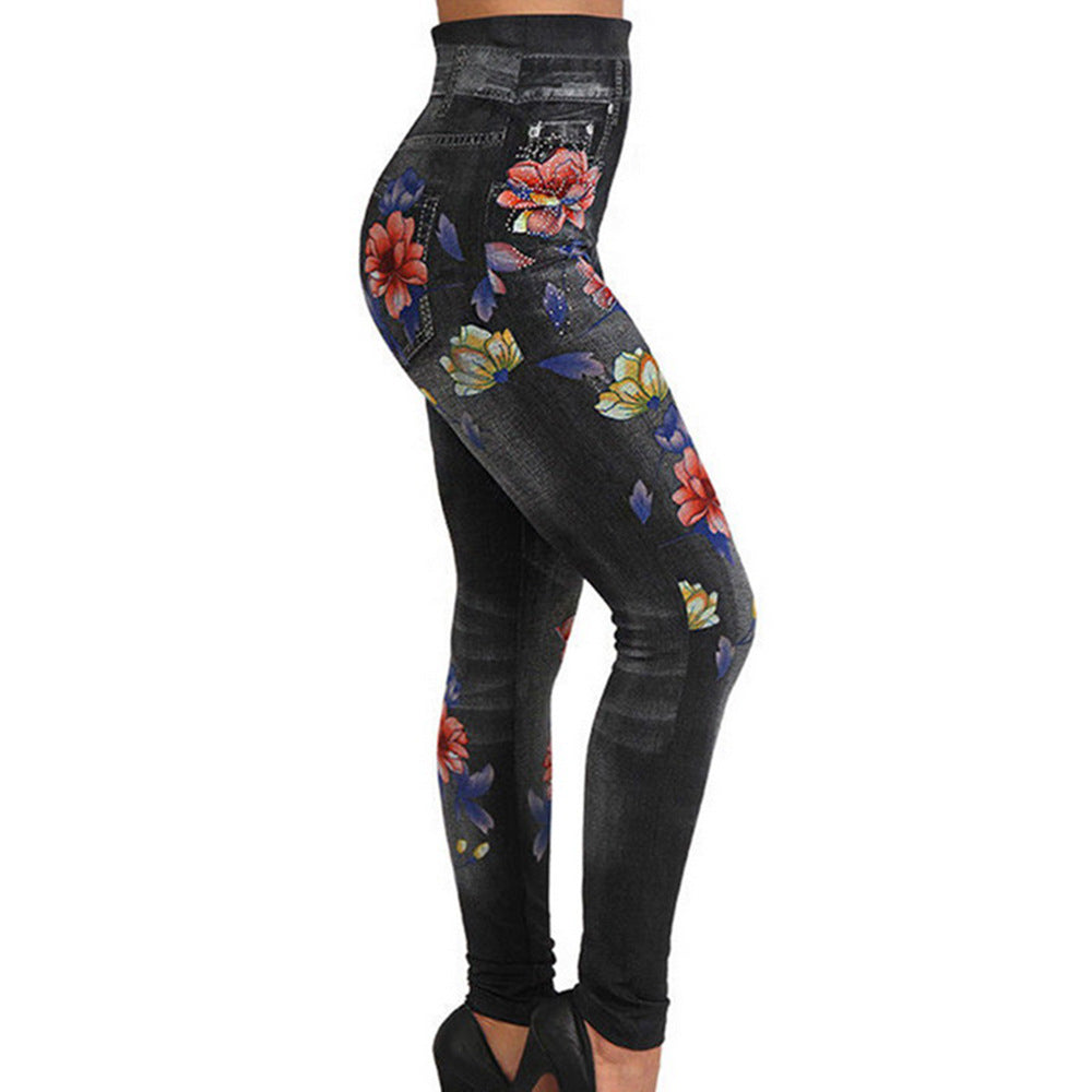 Damen Hochtaillierte Leggings im Jeans-Look mit floralem Motiv EB