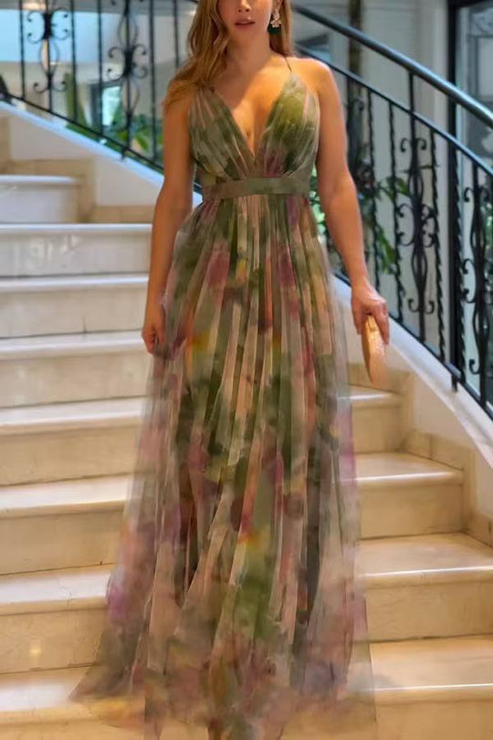 Damen Elegantes Maxikleid mit tiefem V-Ausschnitt und luftigen Stoffschichten EB