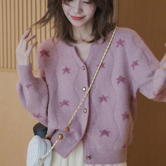 Damen Gemusterter Strickcardigan mit Sternenmotiv und Knopfleiste EB
