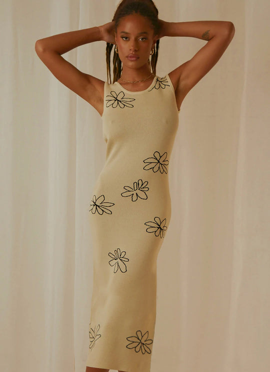 Damen Blumen Strickkleid mit schmalem Schnitt und ärmellosem Design EB
