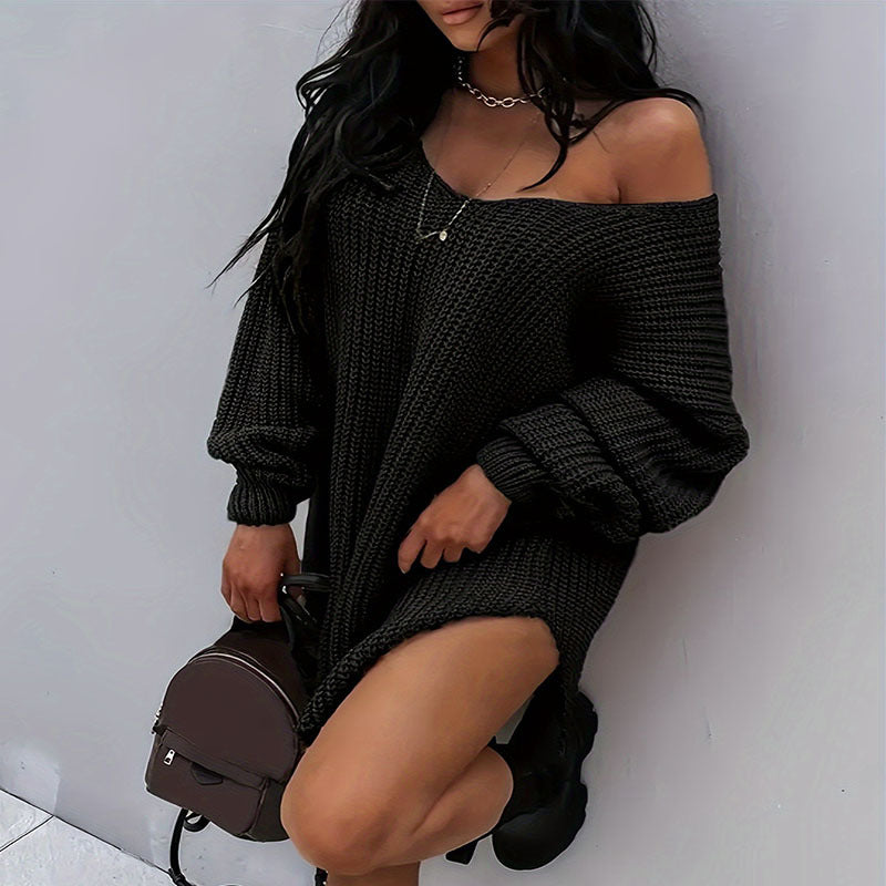 Damen lässiges Oversized-Strickkleid mit weitem Ausschnitt EB