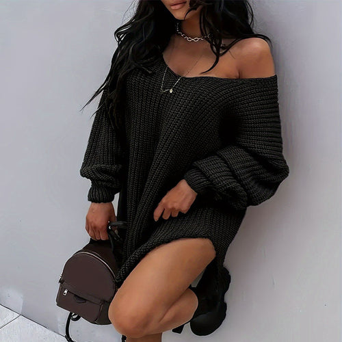 Damen lässiges Oversized-Strickkleid mit weitem Ausschnitt EB