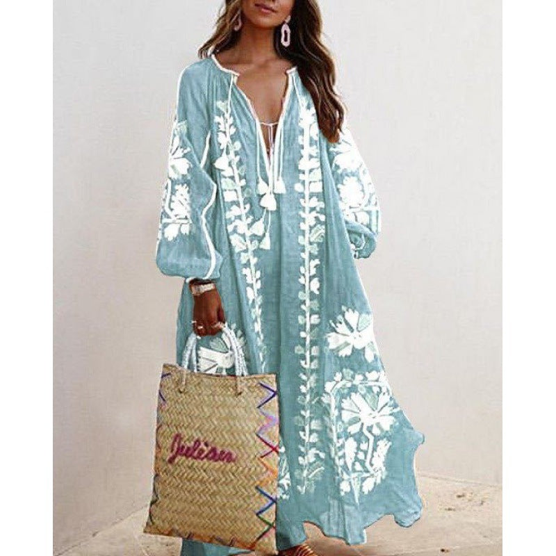 Damen Besticktes Boho-Maxikleid mit Ballonärmeln und Quastenverschluss EB