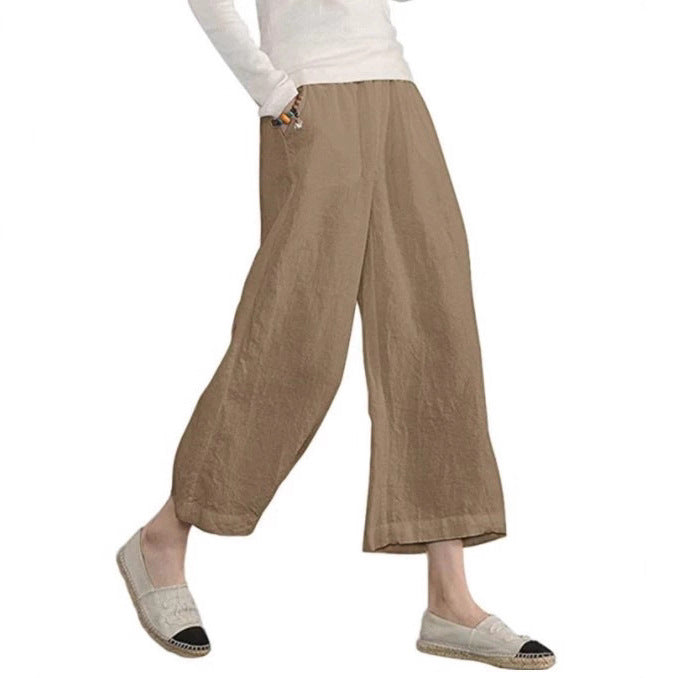 Damen weite Leinenhose mit seitlichen Taschen und elastischem Bund EB