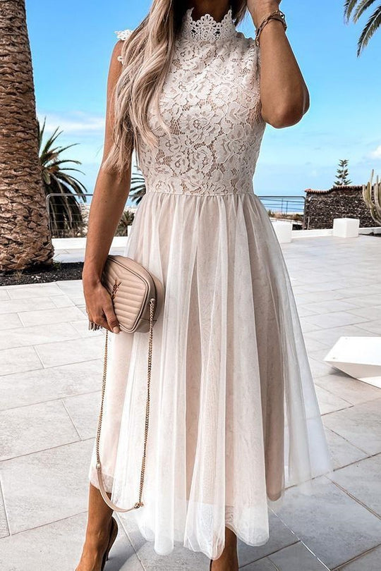 Damen Elegantes Spitzenkleid mit transparentem Rock und hohem Kragen EB