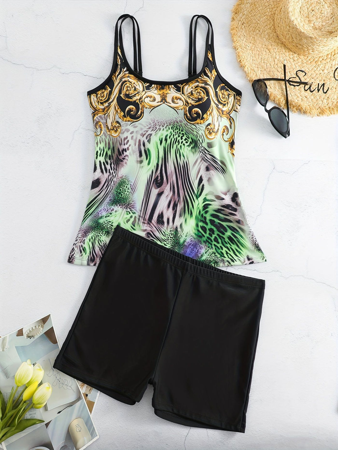 Damen Sportliches Tankini-Set mit modischem Animal-Print und Boxershorts EB