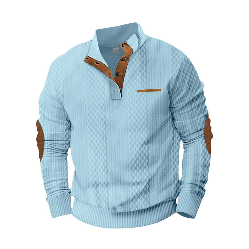 Herren Strukturiertes Kabelstrick-Sweatshirt mit Halbknopfblende, Kunstleder‑Patchtasche & Ellbogenpatches EB