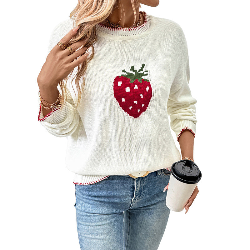 Damen Strickpullover mit fruchtigem Erdbeer-Motiv und lässigem Schnitt EB