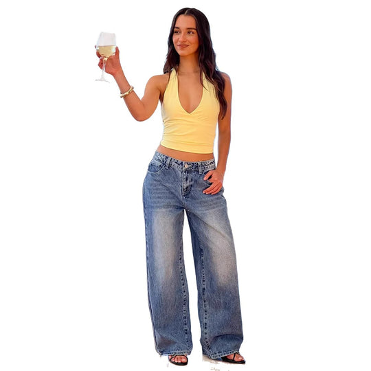 Damen Weit geschnittene Jeans mit hohem Bund und lässigem Stil EB