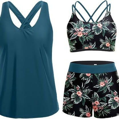 Damen Sportliches Tankini-Set mit floralem Oberteil und Shorts EB