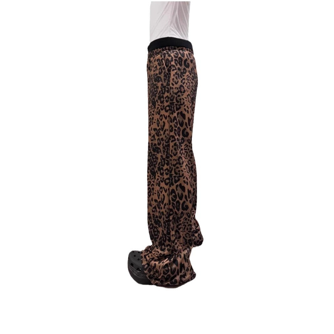 Damen Weit geschnittene Leinenhose mit Leopardenmuster EB
