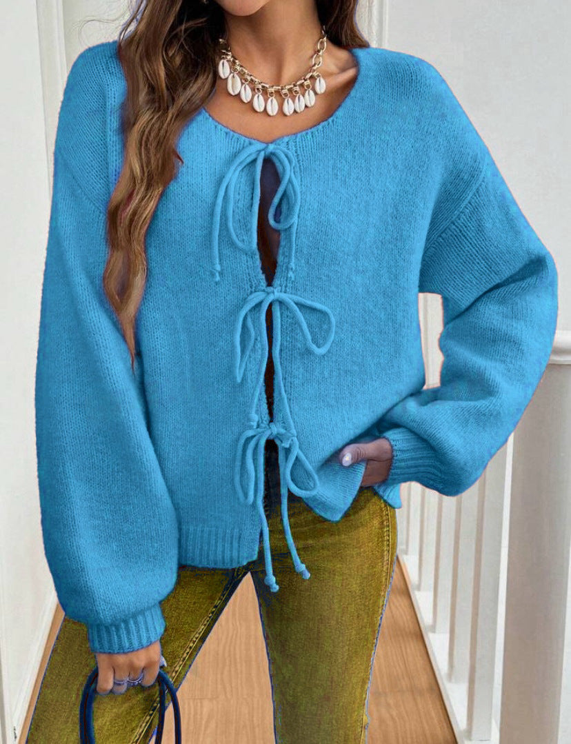 Damen Kurzcardigan mit Bindebändern, Oversize‑Silhouette und Ballonärmeln EB