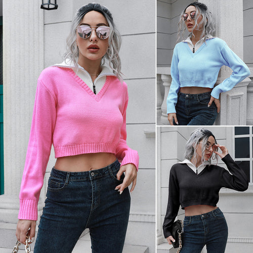 Damen Cropped Pullover mit hohem Kragen und verdecktem Reißverschluss EB