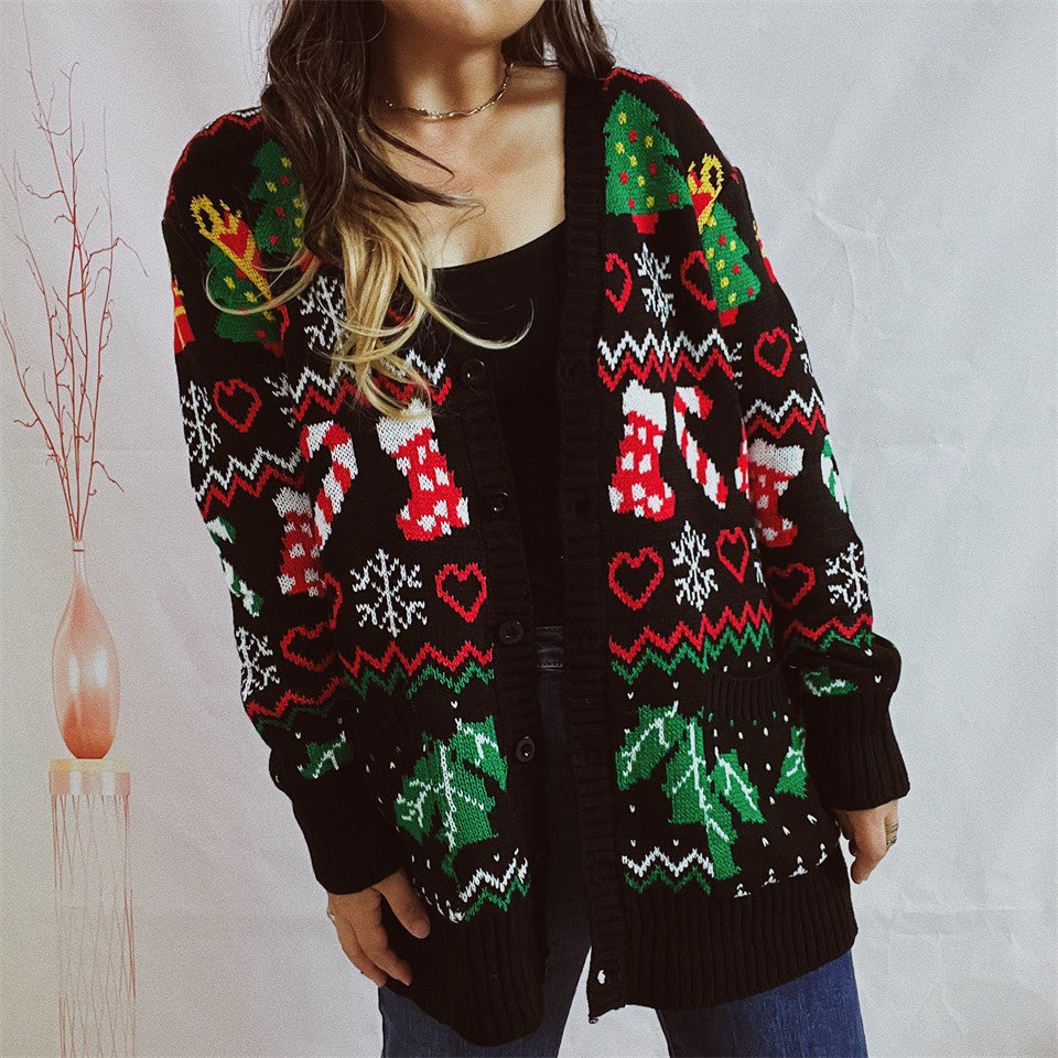 Damen Weihnachts-Strickjacke mit festlichem Design und knöpfbarem Schnitt EB