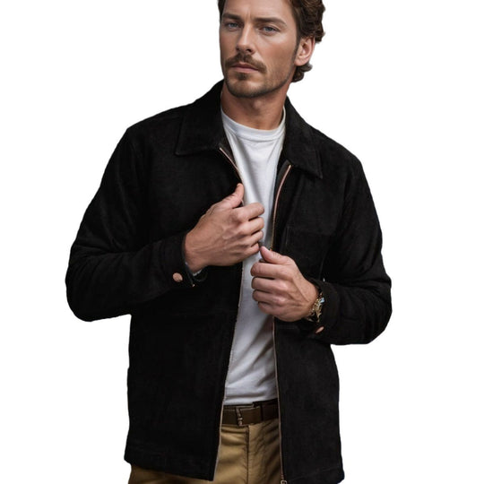 Herren modische Wildlederjacke mit Reißverschluss und Brusttasche EB
