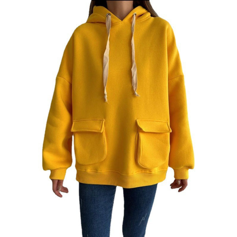 Damen nan Oversize-Kapuzenpullover mit aufgesetzten Klappentaschen und extra-langen Kordeln EB