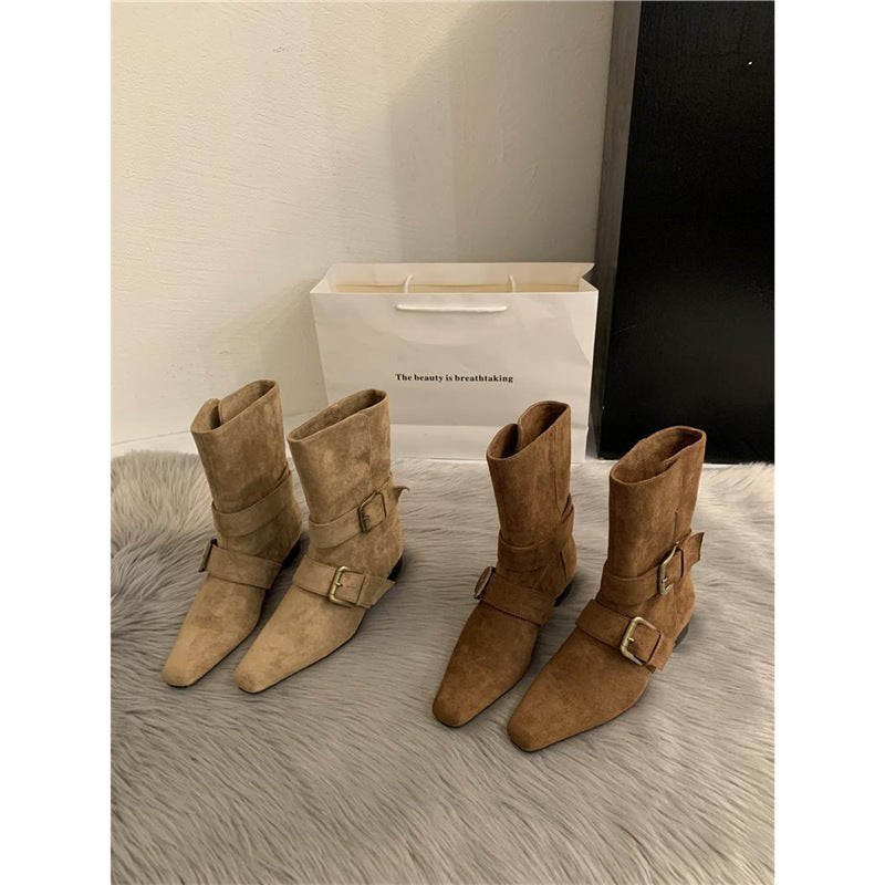 Damen Biker-inspirierte Mid-Boots aus Velourslederoptik mit spitzer Kappe und verstellbaren Gürtelschnallen EB