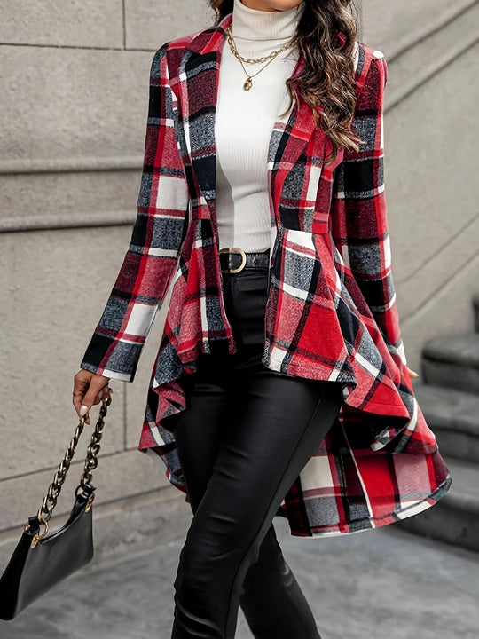 Damen Elegante und fließende Karojacke mit asymmetrischem Saum EB