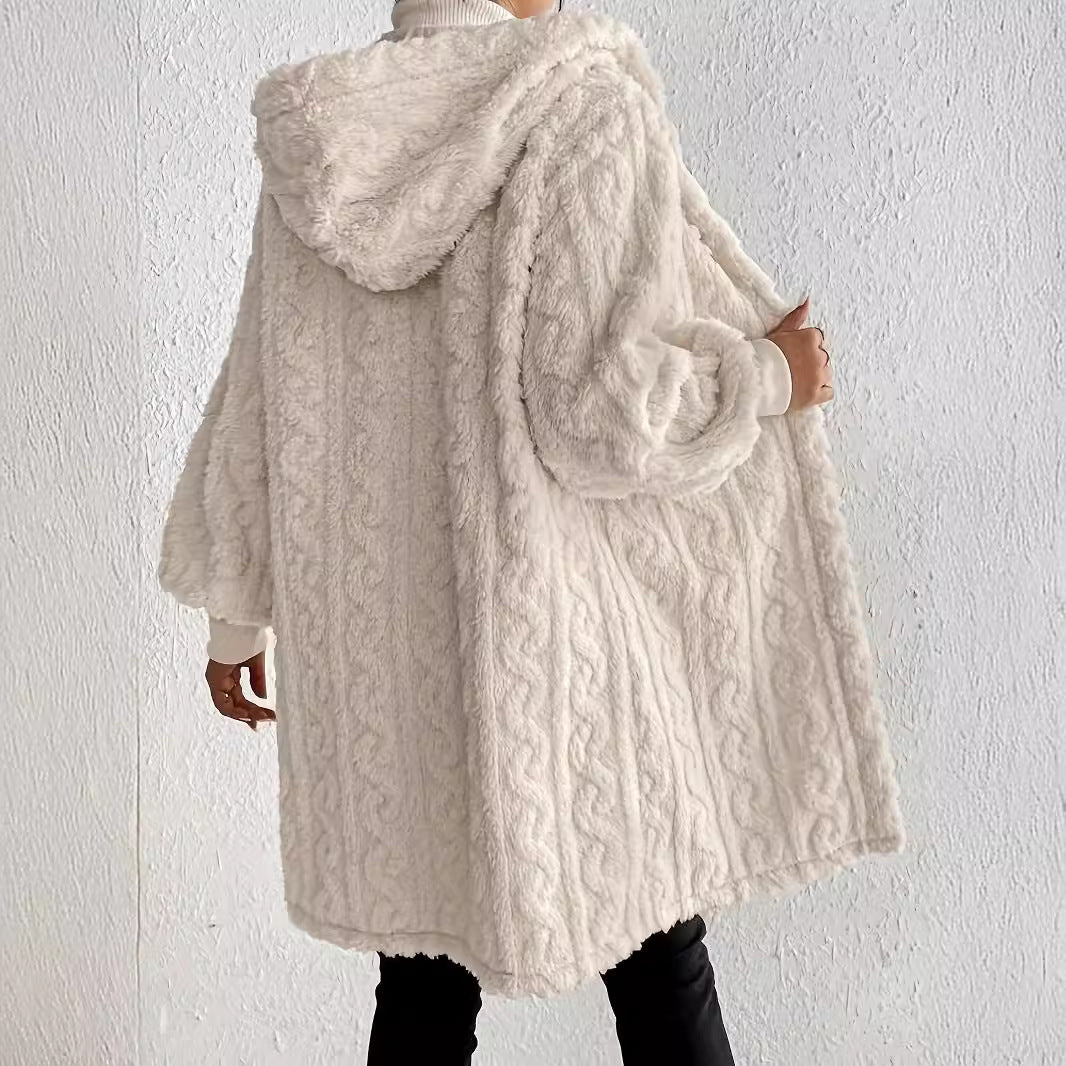 Damen Kapuzenmantel aus weichem Plüschmaterial mit strukturiertem Design EB