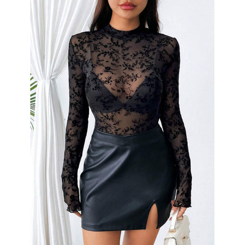 Damen Langärmliges Spitzenoberteil mit floralem Design und transparenten Akzenten EB