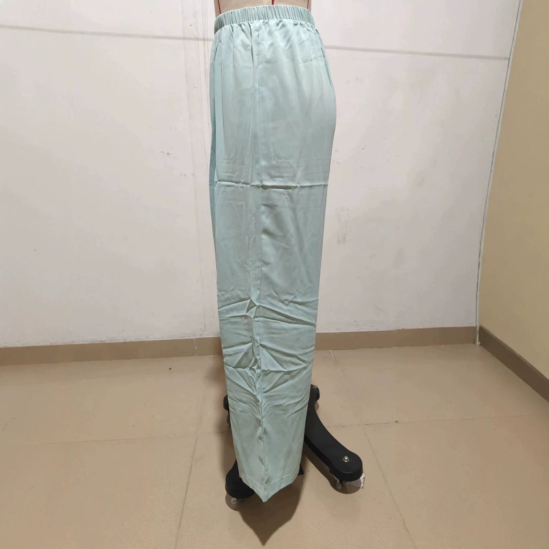 Damen Leichte Satin-Palazzohose mit hohem elastischem Bund und Kellerfalten EB