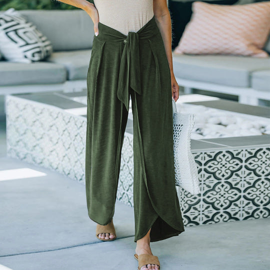 Damen elegante Palazzo-Hose mit stylichem Bindegürtel und hohem Bund EB