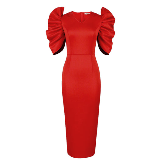 Damen Elegantes Midi-Kleid mit voluminösen Puffärmeln EB