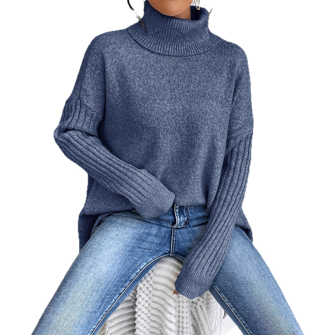 Damen nan Oversize Strickpullover mit hohem Rollkragen, gerippten Ärmeln und asymmetrischem Saum EB