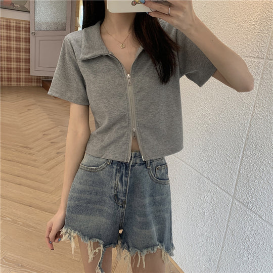 Damen Cropped Poloshirt mit Reißverschluss und strukturierter Textur EB