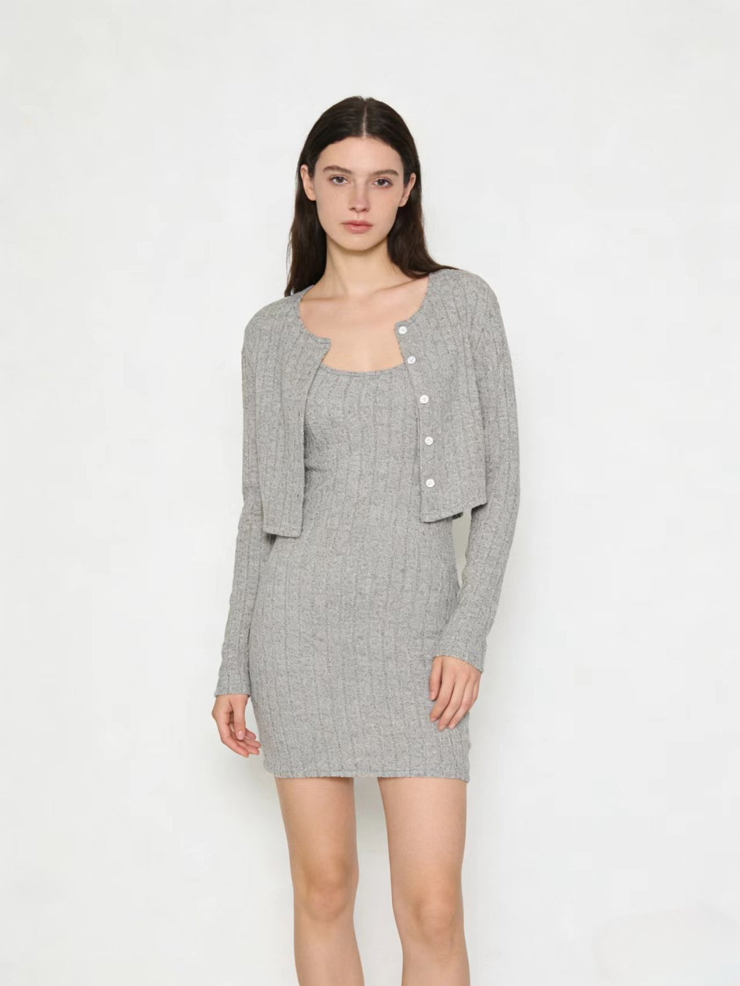 Damen Geripptes Strick-Kleid mit passendem Kurzcardigan EB