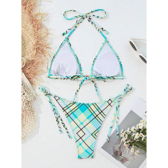Damen Triangel-Bikini mit verspieltem Karomuster und verstellbaren Trägern EB