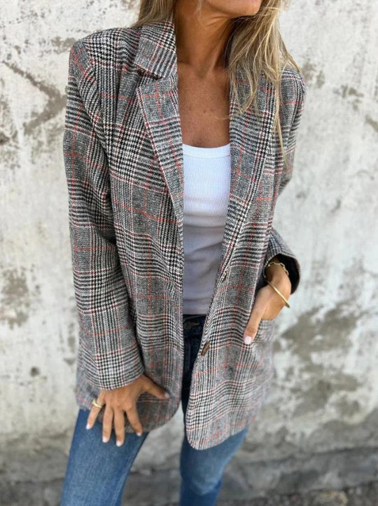 Damen nan oversized Karoblazer mit Reverskragen und aufgesetzten Taschen EB