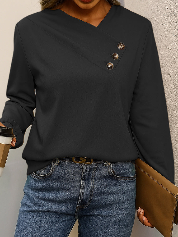 Damen Asymmetrische V-Ausschnitt Bluse mit Zierknopfleiste und Langarm EB