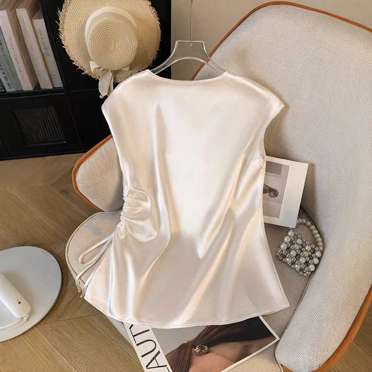 Damen Satinbluse mit seitlichem Kordelzug und V-Ausschnitt EB