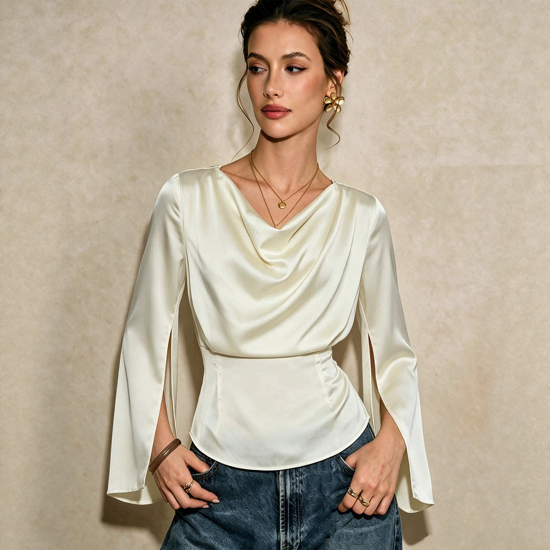 Damen elegante Satinbluse mit Wasserfallausschnitt, taillierter Silhouette und langen Ärmelschlitzen Eichborn Berlin