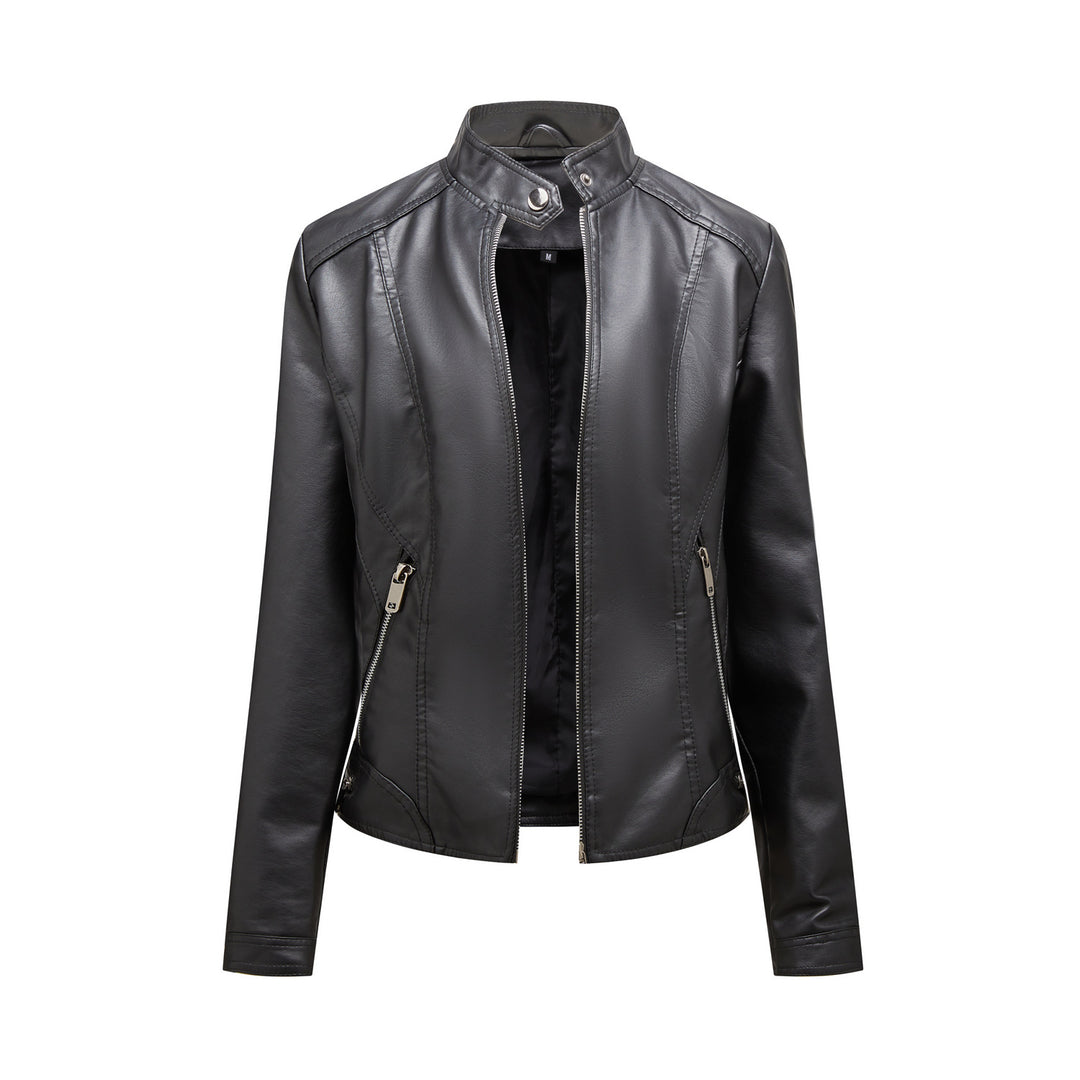 Damen modische Kunstlederjacke mit elegantem Stehkragen und praktischen Reißverschlusstaschen EB