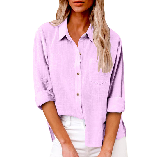 Damen nan oversized Leinen-Baumwollmix Hemdbluse mit Brusttasche und krempelbaren Ärmeln EB