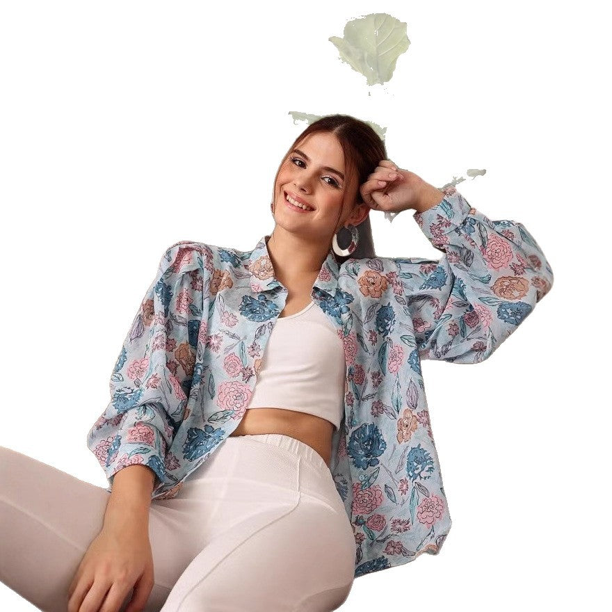Damen leicht transparente Chiffonjacke mit floralen Motiven und ballonartigen Ärmeln EB