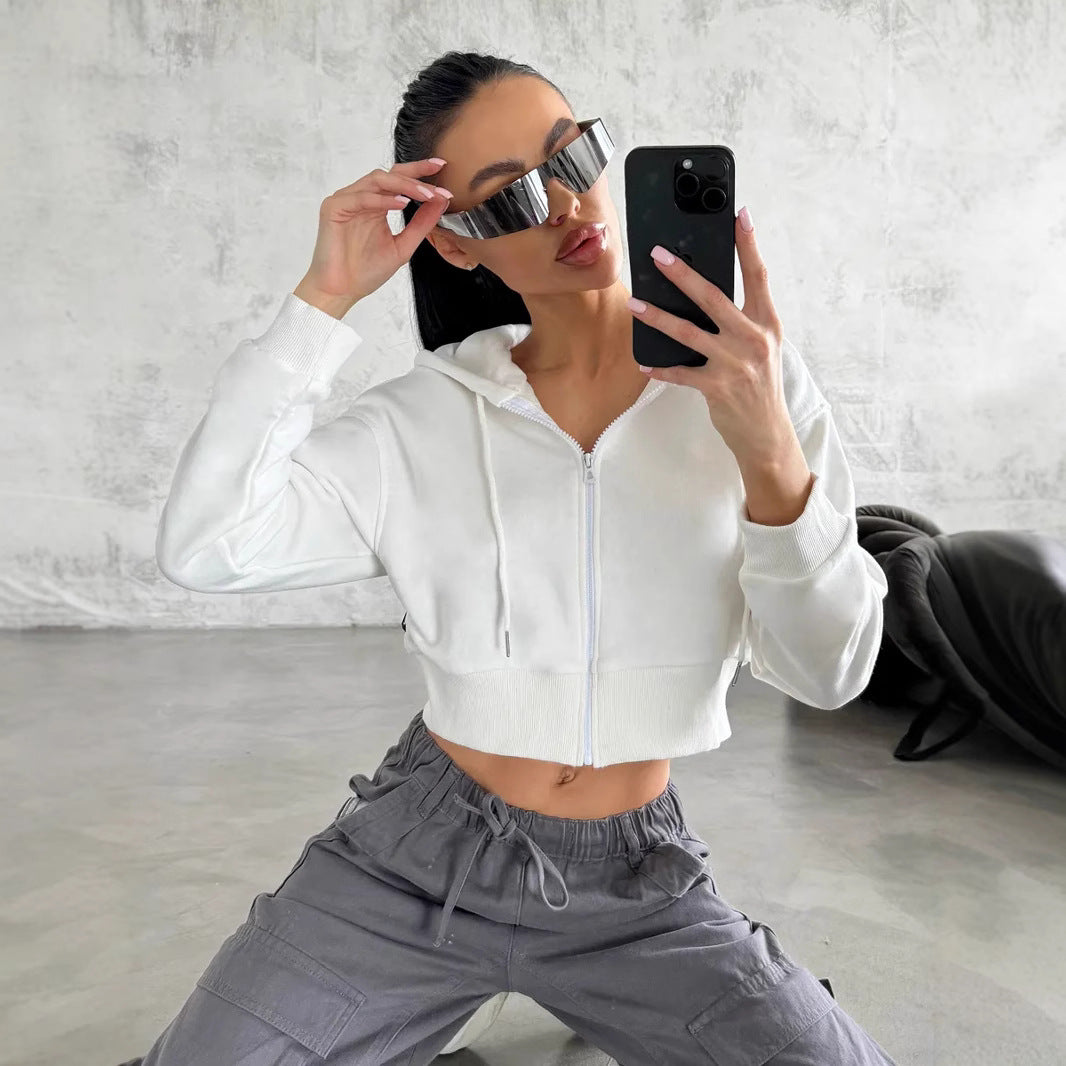 Damen Cropped Kapuzenjacke mit kurzem Reißverschluss und breitem Rippbund EB