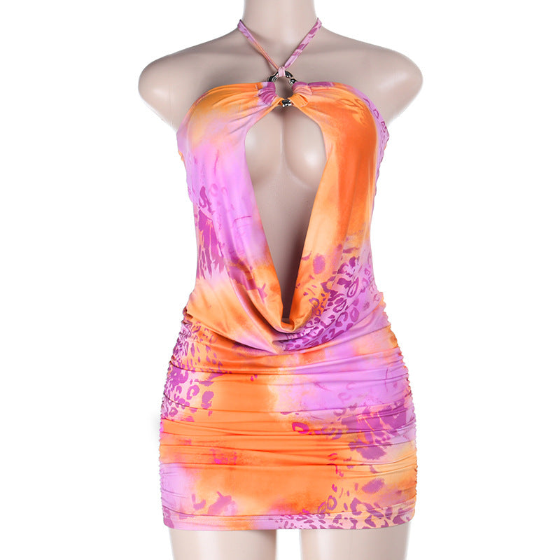 Damen sexy Minikleid mit tiefem V-Ausschnitt und asymmetrischem Saum EB