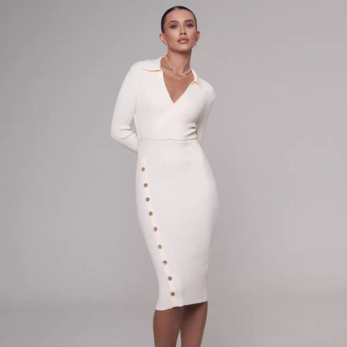 Damen Strickkleid mit elegantem Kragen und Knopfdetail EB
