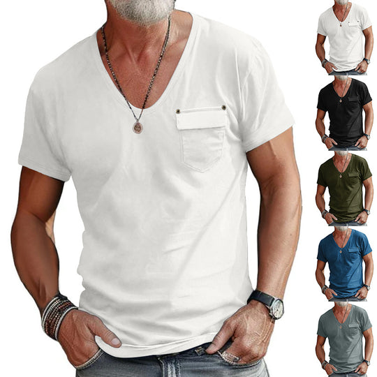 Herren V-Ausschnitt T-Shirt mit dekorativer Brusttasche und attraktiver Struktur EB