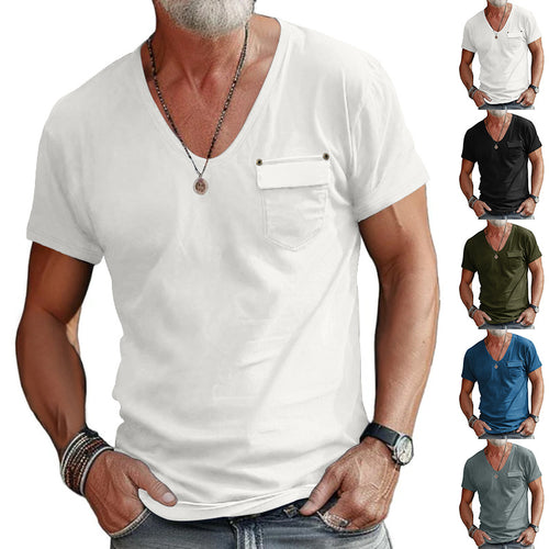 Herren V-Ausschnitt T-Shirt mit dekorativer Brusttasche und attraktiver Struktur EB