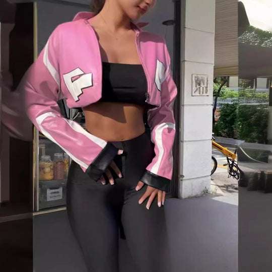 Damen cropped Kunstlederjacke im auffälligen Design EB