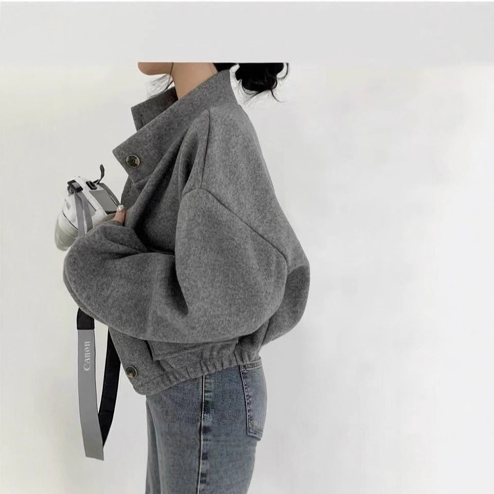 Damen Kurze Oversize-Wolloptik-Jacke mit Stehkragen und Ballonärmeln EB