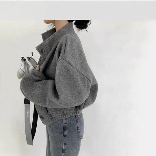 Damen Kurze Oversize-Wolloptik-Jacke mit Stehkragen und Ballonärmeln EB