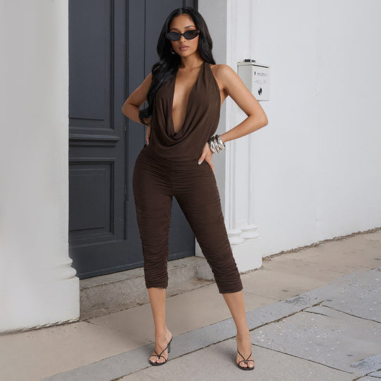 Damen Eleganter und figurbetonter Jumpsuit mit tiefem V-Ausschnitt und Raffungen EB